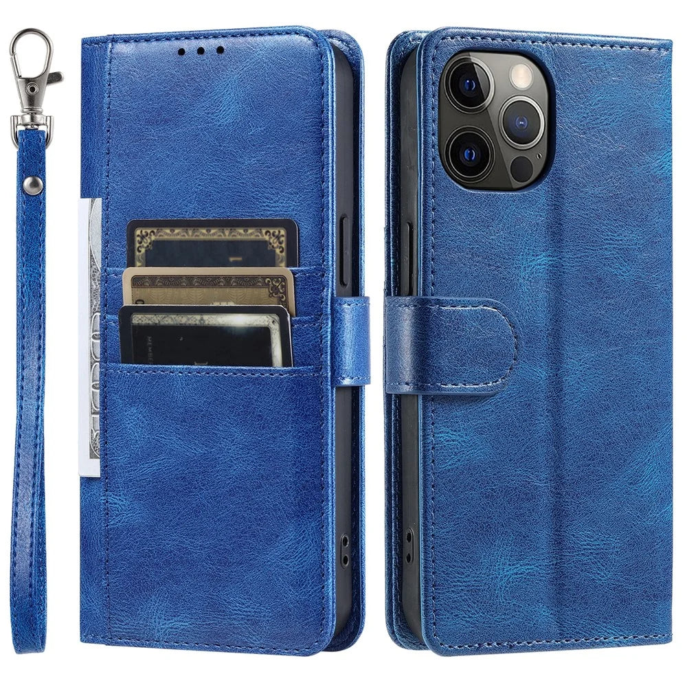 013 Style For iPhone 12 6.1 inch Phone Case Leather 6 Card Slots Cover with Wrist Strap - Blue - 1