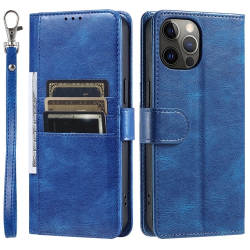 013 Style For iPhone 12 6.1 inch Phone Case Leather 6 Card Slots Cover with Wrist Strap - Blue - 1