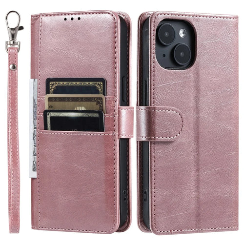 013 Style For iPhone 15 Leather Case with 6 Card Slots Protective Phone Cover - Rose Gold - 1