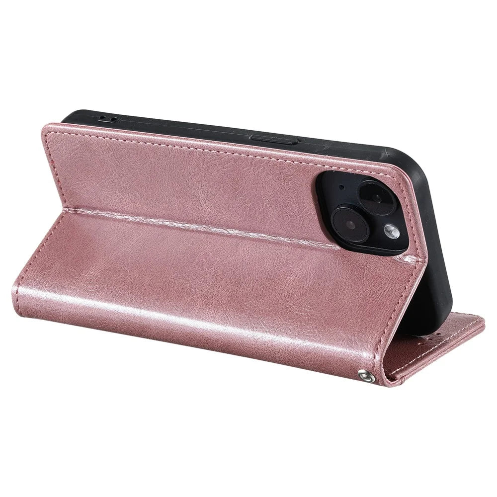 013 Style For iPhone 15 Leather Case with 6 Card Slots Protective Phone Cover - Rose Gold - 4