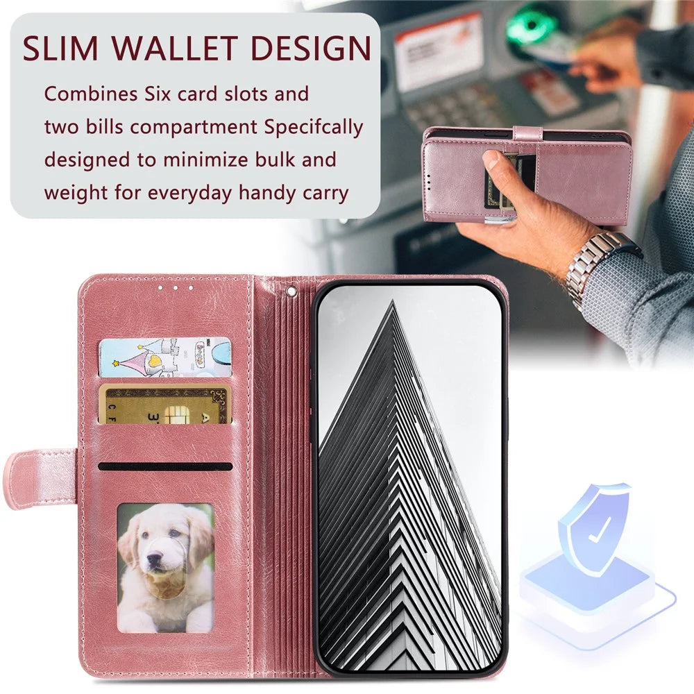 013 Style For iPhone 15 Leather Case with 6 Card Slots Protective Phone Cover - Rose Gold - 5