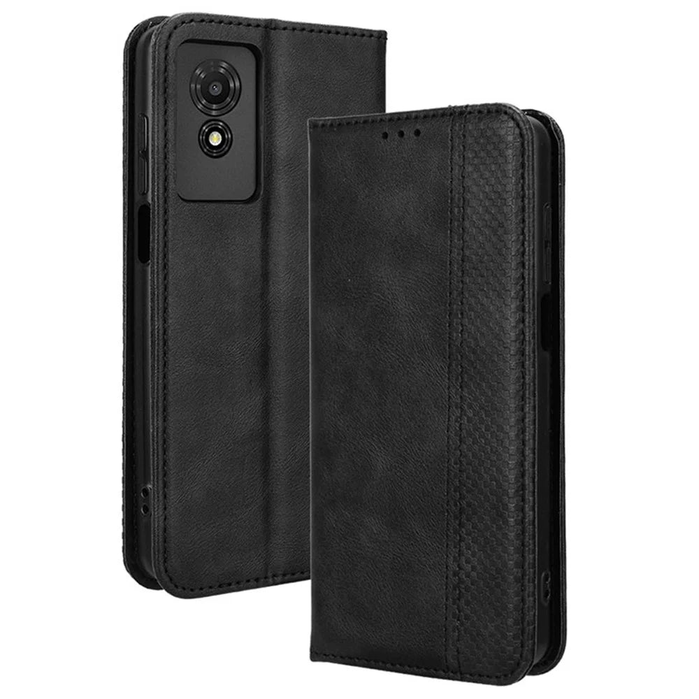 For TCL 501 Leather Case Magnetic Closing Retro Phone Cover with Wallet Stand - Black - 1