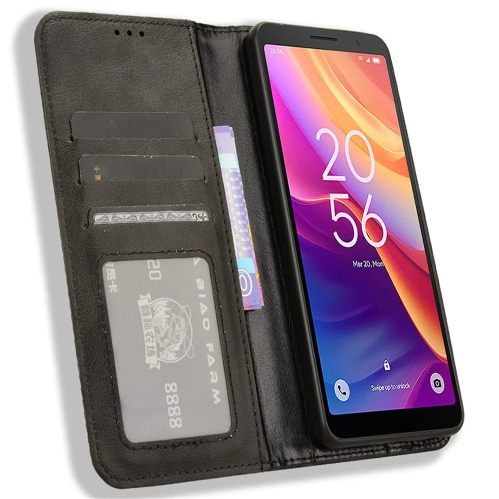 For TCL 501 Leather Case Magnetic Closing Retro Phone Cover with Wallet Stand - Black - 2