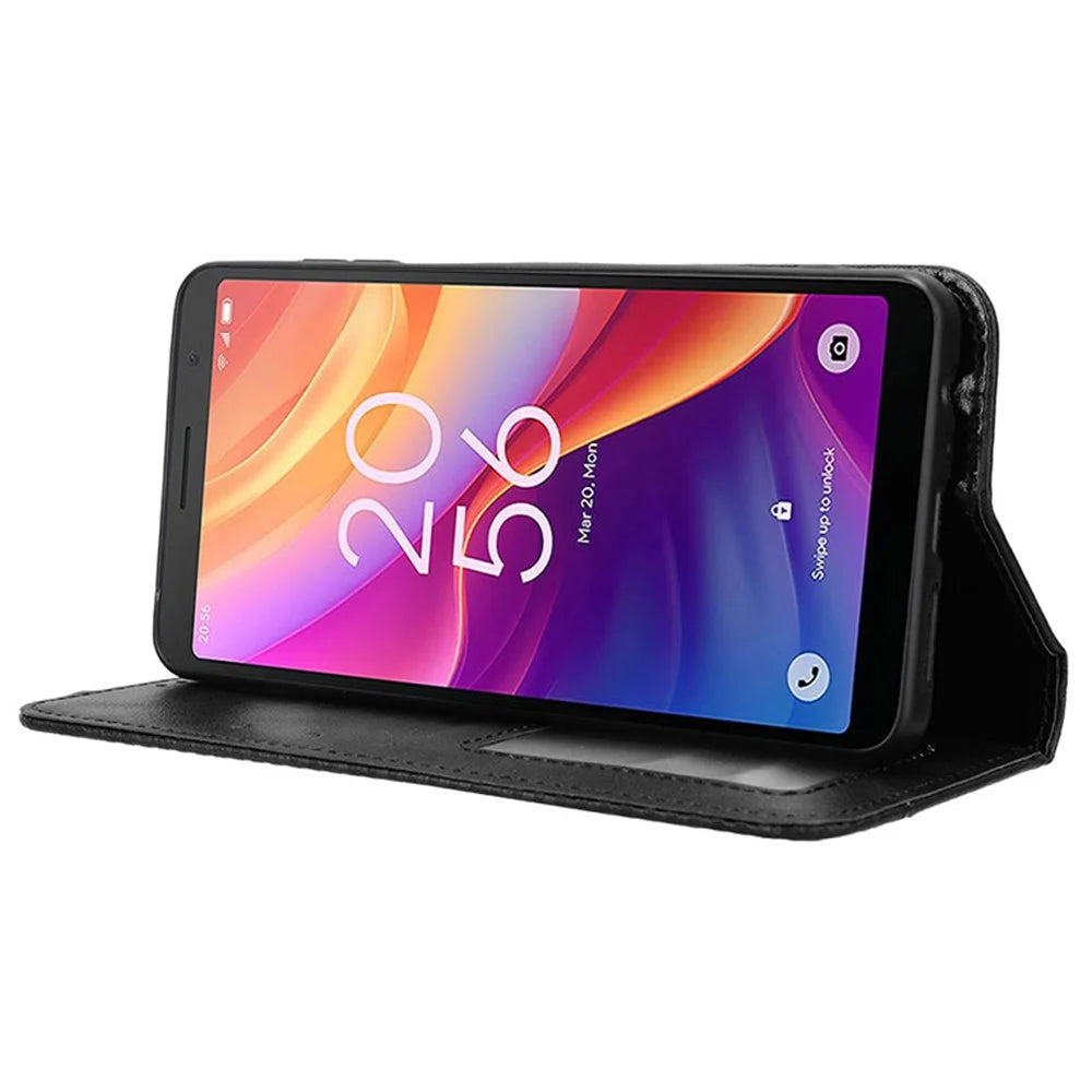 For TCL 501 Leather Case Magnetic Closing Retro Phone Cover with Wallet Stand - Black - 3