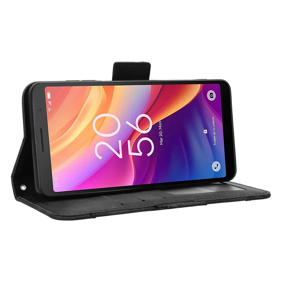 For TCL 501 Leather Case with Multiple Card Slots Folio Flip Wallet Phone Cover - Black - 3