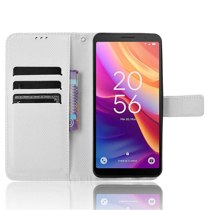 For TCL 501 Wallet Case Diamond Texture PU Leather Phone Cover with Stand - White - 2