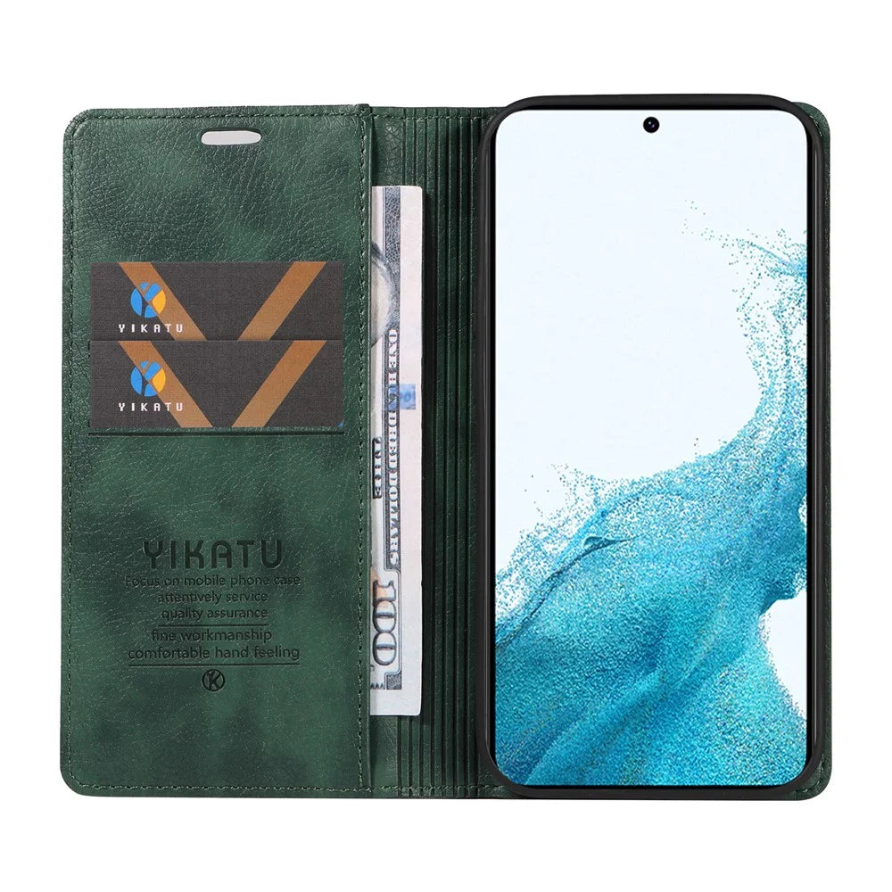 YIKATU YK-006 For Samsung Galaxy S22 5G Magnetic Case Litchi Texture Leather Flip Stand Phone Shell - Green - 2