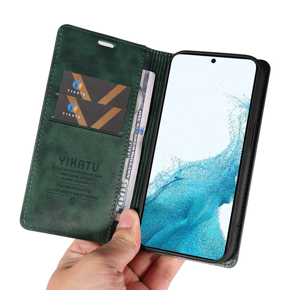YIKATU YK-006 For Samsung Galaxy S22 5G Magnetic Case Litchi Texture Leather Flip Stand Phone Shell - Green - 5