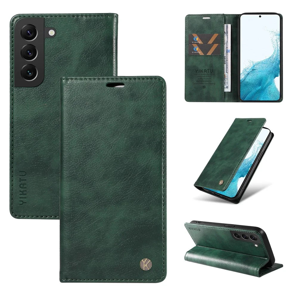 YIKATU YK-006 For Samsung Galaxy S22 5G Magnetic Case Litchi Texture Leather Flip Stand Phone Shell - Green - 6