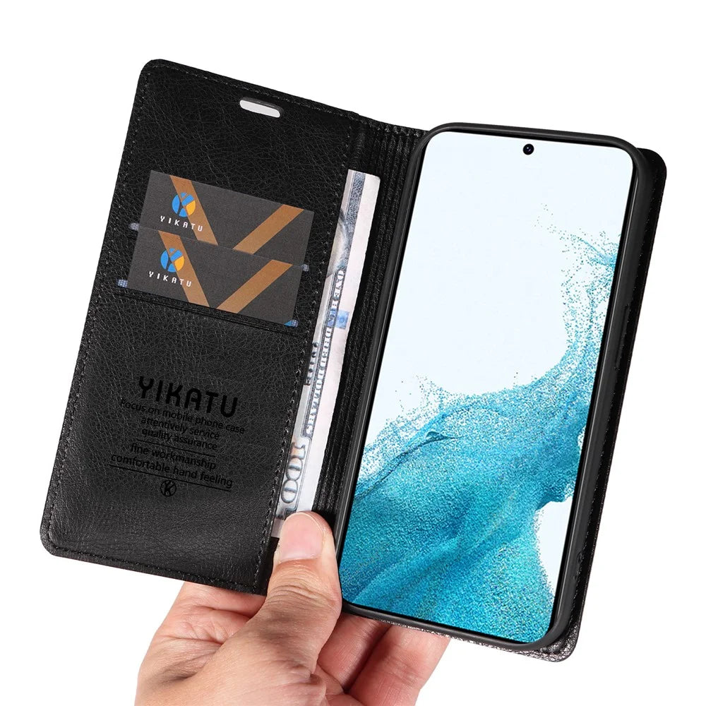YIKATU YK-006 For Samsung Galaxy S21 5G / S21 4G Wallet Phone Case Litchi Texture Leather Flip Cover - Black - 5