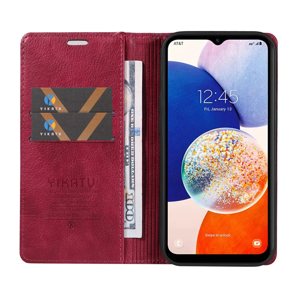 YIKATU YK-006 For Samsung Galaxy A24 4G (162.1 X 77.6 X 8.3mm) Phone Case Litchi Texture Leather Flip Wallet Cover - Wine Red - 2