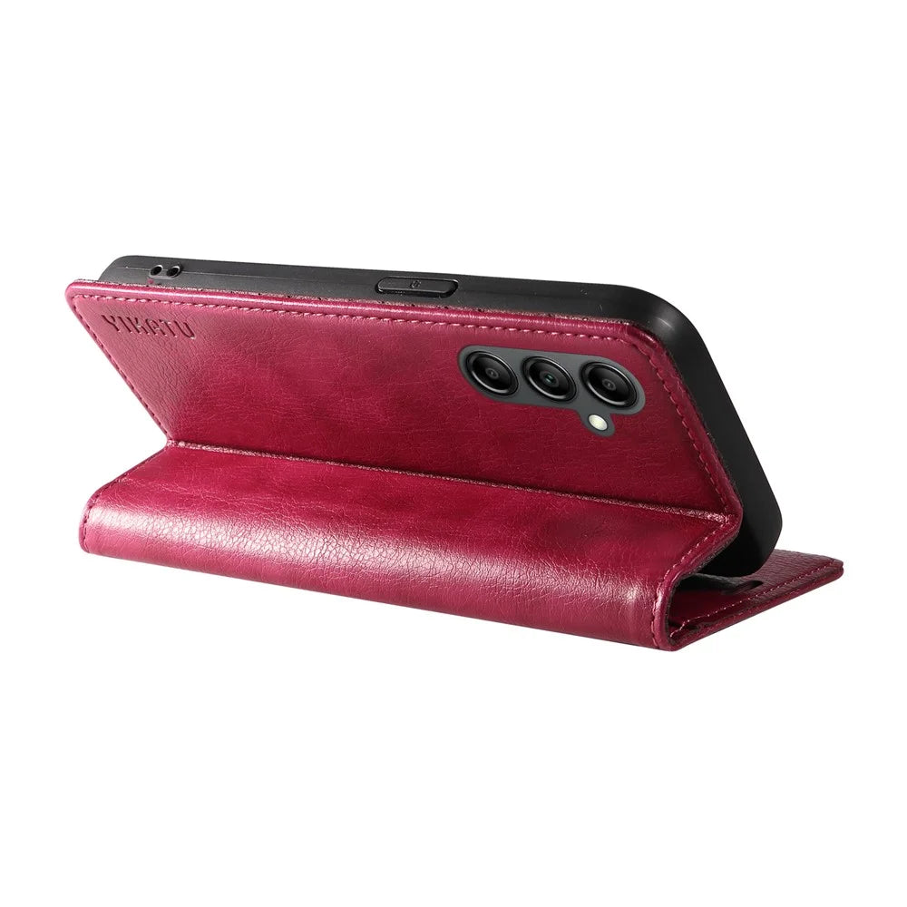 YIKATU YK-006 For Samsung Galaxy A24 4G (162.1 X 77.6 X 8.3mm) Phone Case Litchi Texture Leather Flip Wallet Cover - Wine Red - 4