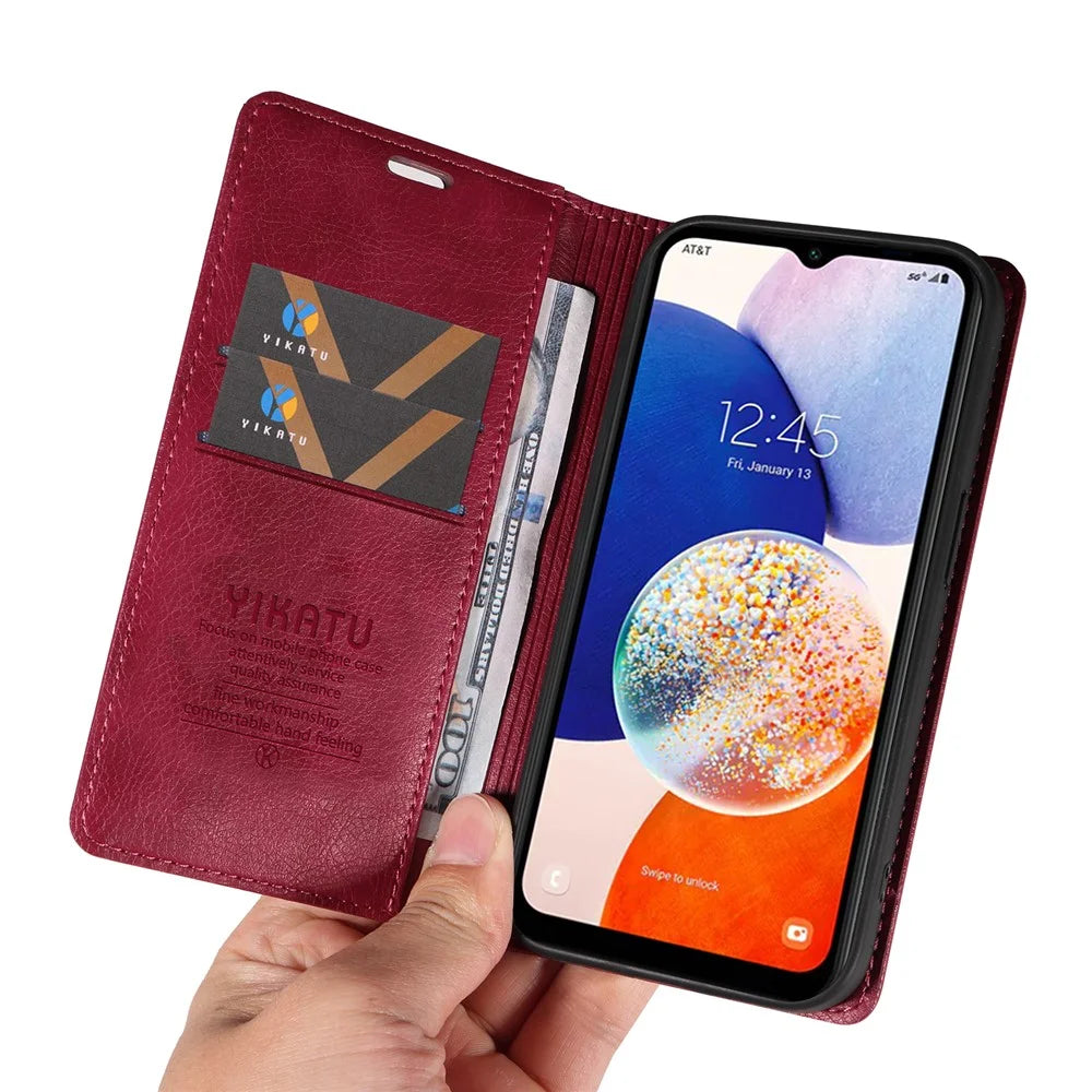 YIKATU YK-006 For Samsung Galaxy A24 4G (162.1 X 77.6 X 8.3mm) Phone Case Litchi Texture Leather Flip Wallet Cover - Wine Red - 5