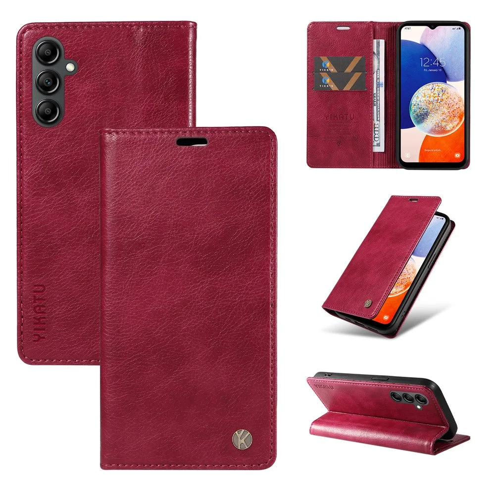 YIKATU YK-006 For Samsung Galaxy A24 4G (162.1 X 77.6 X 8.3mm) Phone Case Litchi Texture Leather Flip Wallet Cover - Wine Red - 6