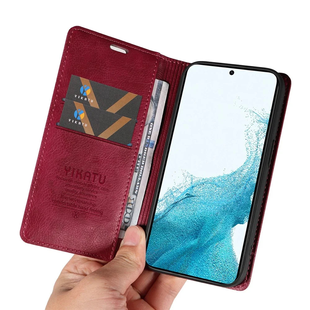 YIKATU YK-006 For Samsung Galaxy S21 FE 5G Case Anti-Drop Leather Wallet Phone Cover - Wine Red - 5
