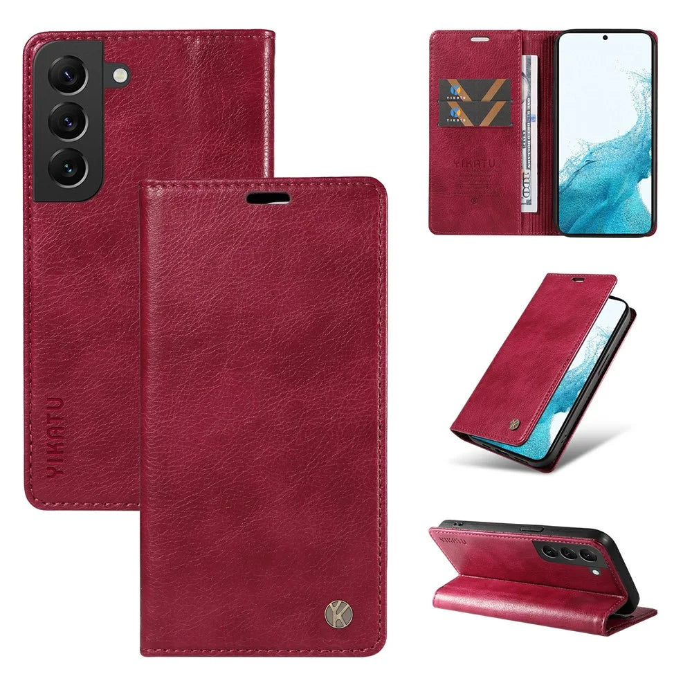 YIKATU YK-006 For Samsung Galaxy S21 FE 5G Case Anti-Drop Leather Wallet Phone Cover - Wine Red - 6