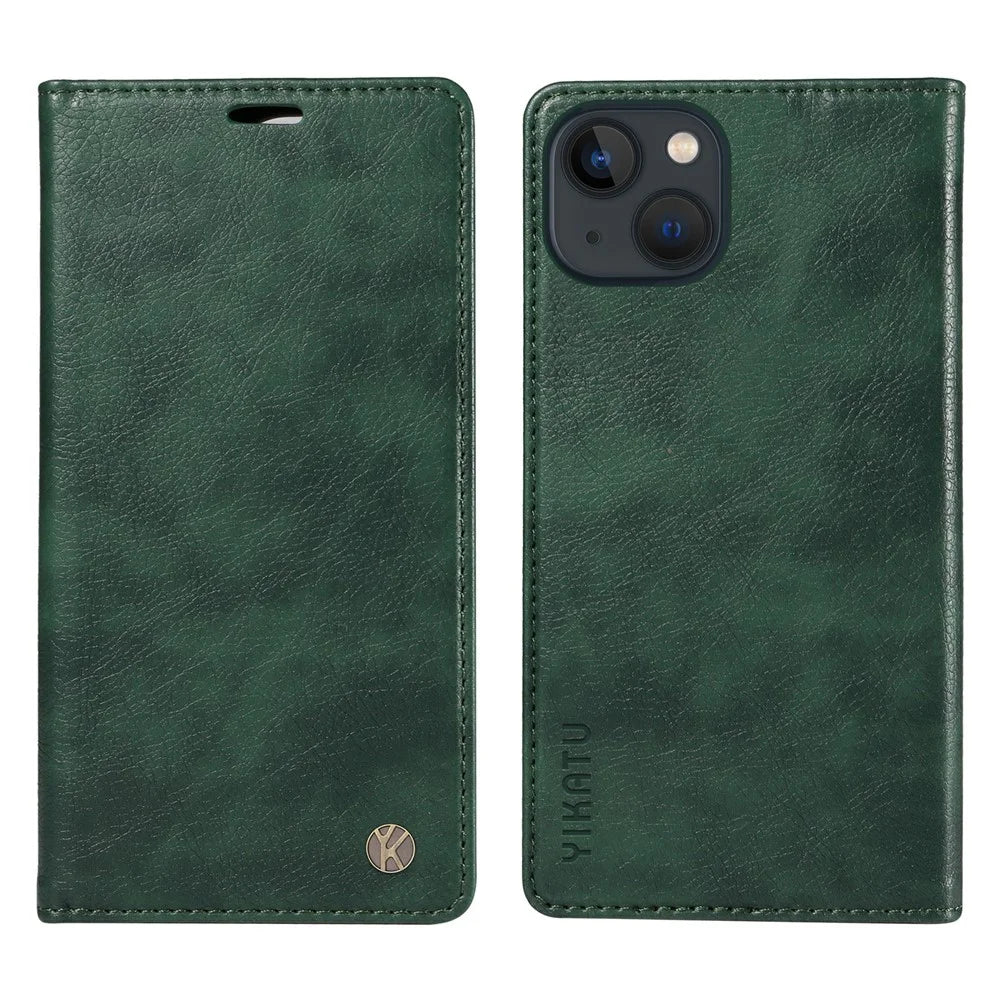 YIKATU YK-006 For iPhone 13 Wallet Case Anti-Scratch Leather Phone Cover - Green - 1
