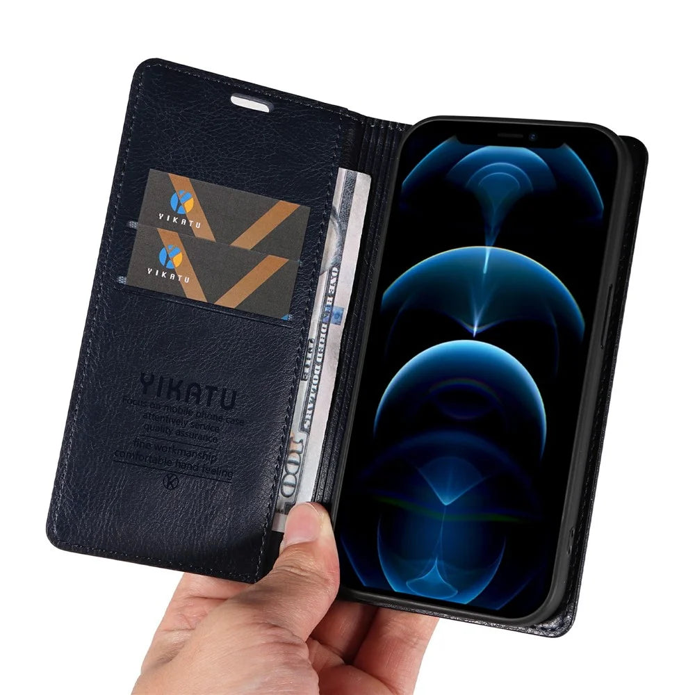 YIKATU YK-006 For iPhone 13 Pro Max Wallet Case Magnetic Closure Leather Phone Cover - Navy Blue - 2