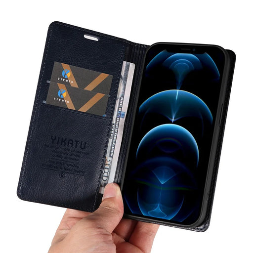 YIKATU YK-006 For iPhone 13 Pro Max Wallet Case Magnetic Closure Leather Phone Cover - Navy Blue - 2