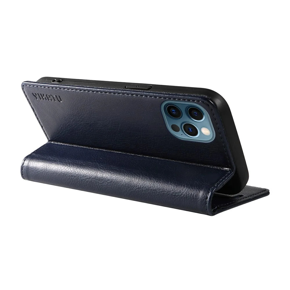 YIKATU YK-006 For iPhone 13 Pro Max Wallet Case Magnetic Closure Leather Phone Cover - Navy Blue - 4