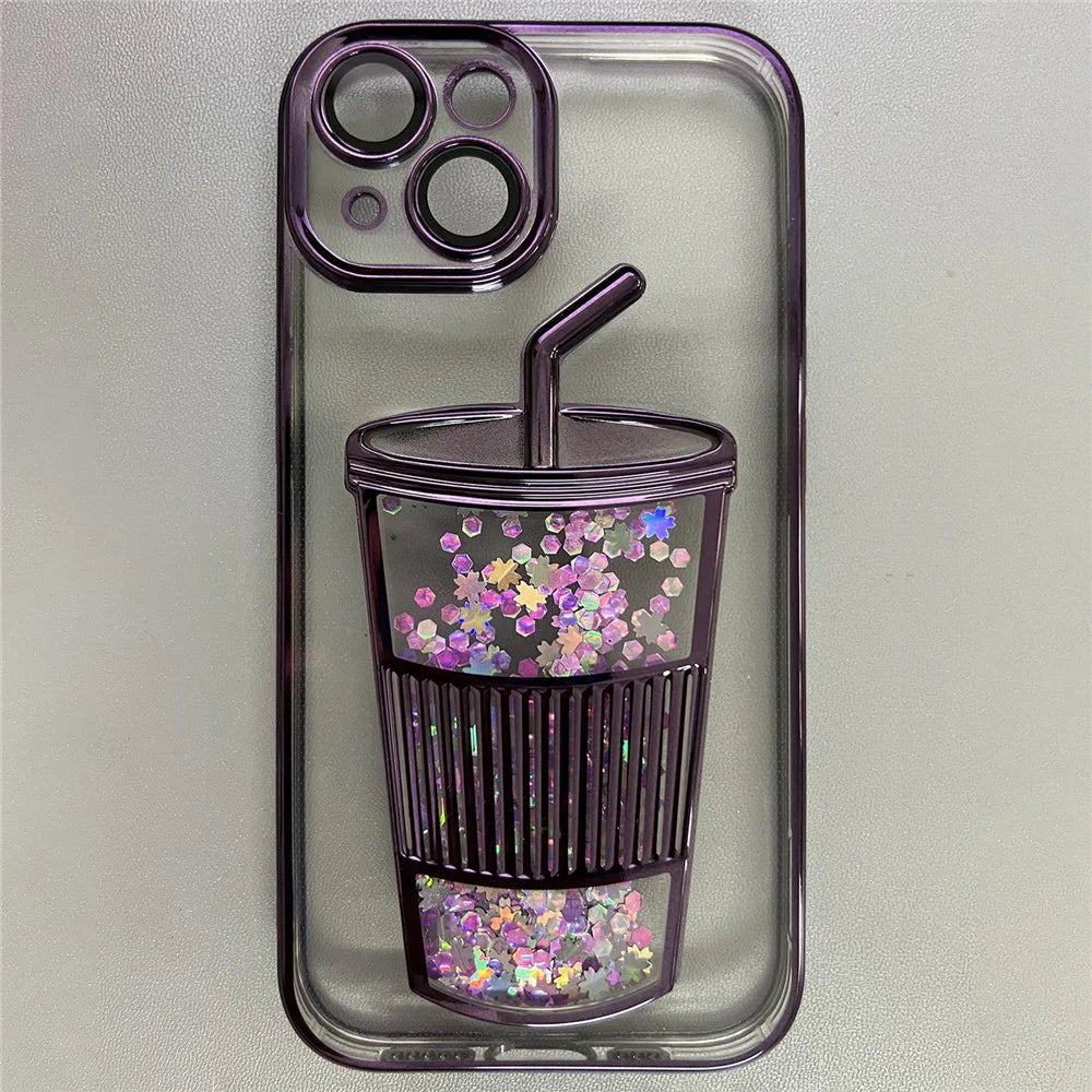 For iPhone 13 TPU Case Glitter Quicksand Phone Cover Built-In Glass Lens Film - Dark Purple - 1