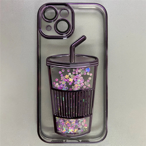 For iPhone 13 TPU Case Glitter Quicksand Phone Cover Built-In Glass Lens Film - Dark Purple - 1