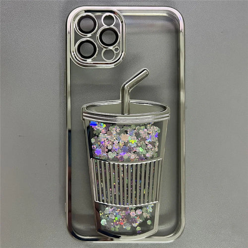 For iPhone 15 Pro Liquid Sequin Design TPU Phone Case Cover with Tempered Glass Rear Lens Film - Silver - 1