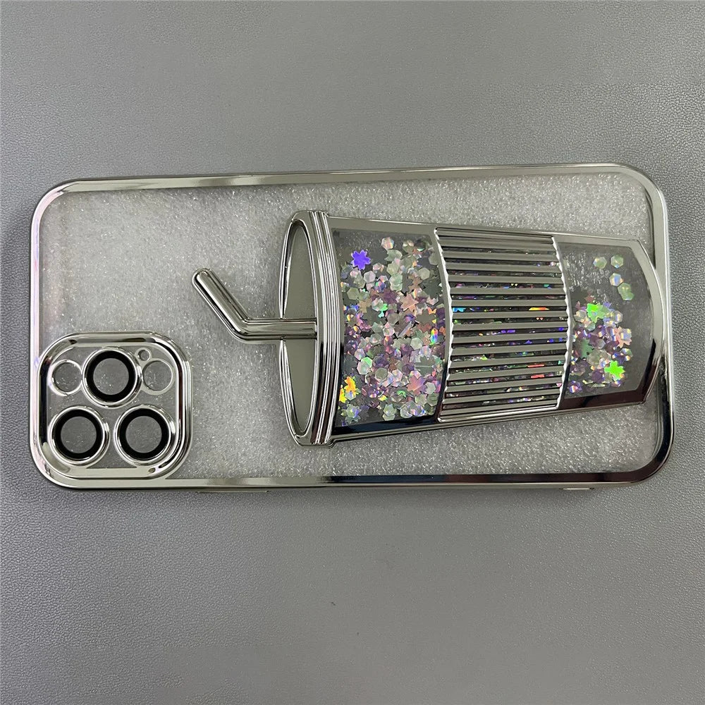 For iPhone 15 Pro Liquid Sequin Design TPU Phone Case Cover with Tempered Glass Rear Lens Film - Silver - 2