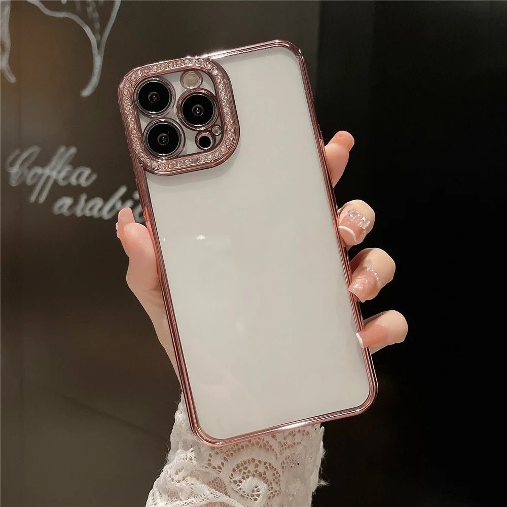For iPhone 14 Pro Max Phone Case Rhinestones Decor TPU Anti-Scratch Cover - Rose Gold - 1
