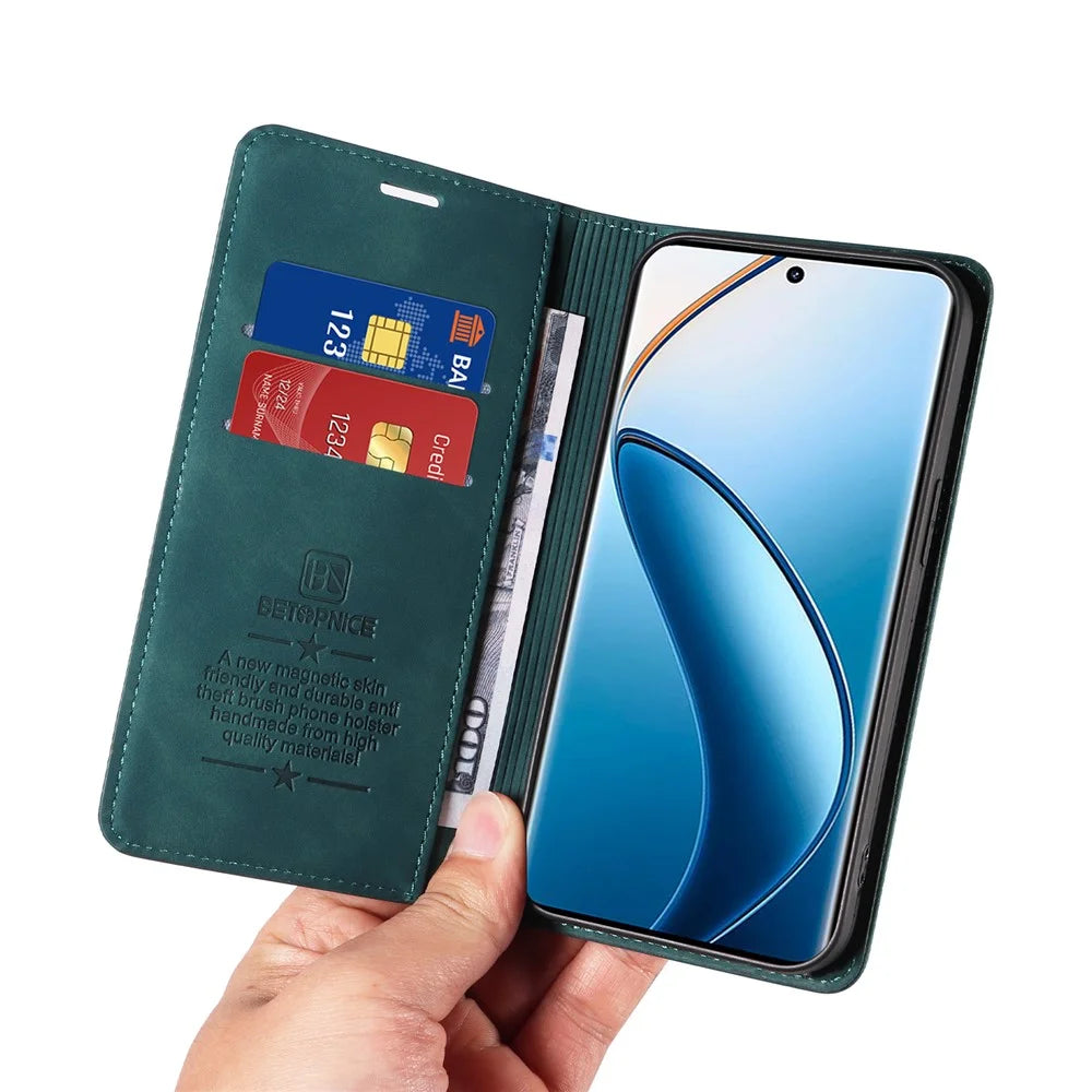 BETOPNICE 003 For Realme 12 Pro+ 5G / 12 Pro 5G Case PU+TPU Phone Protective Cover RFID Blocking Wallet - Green - 6