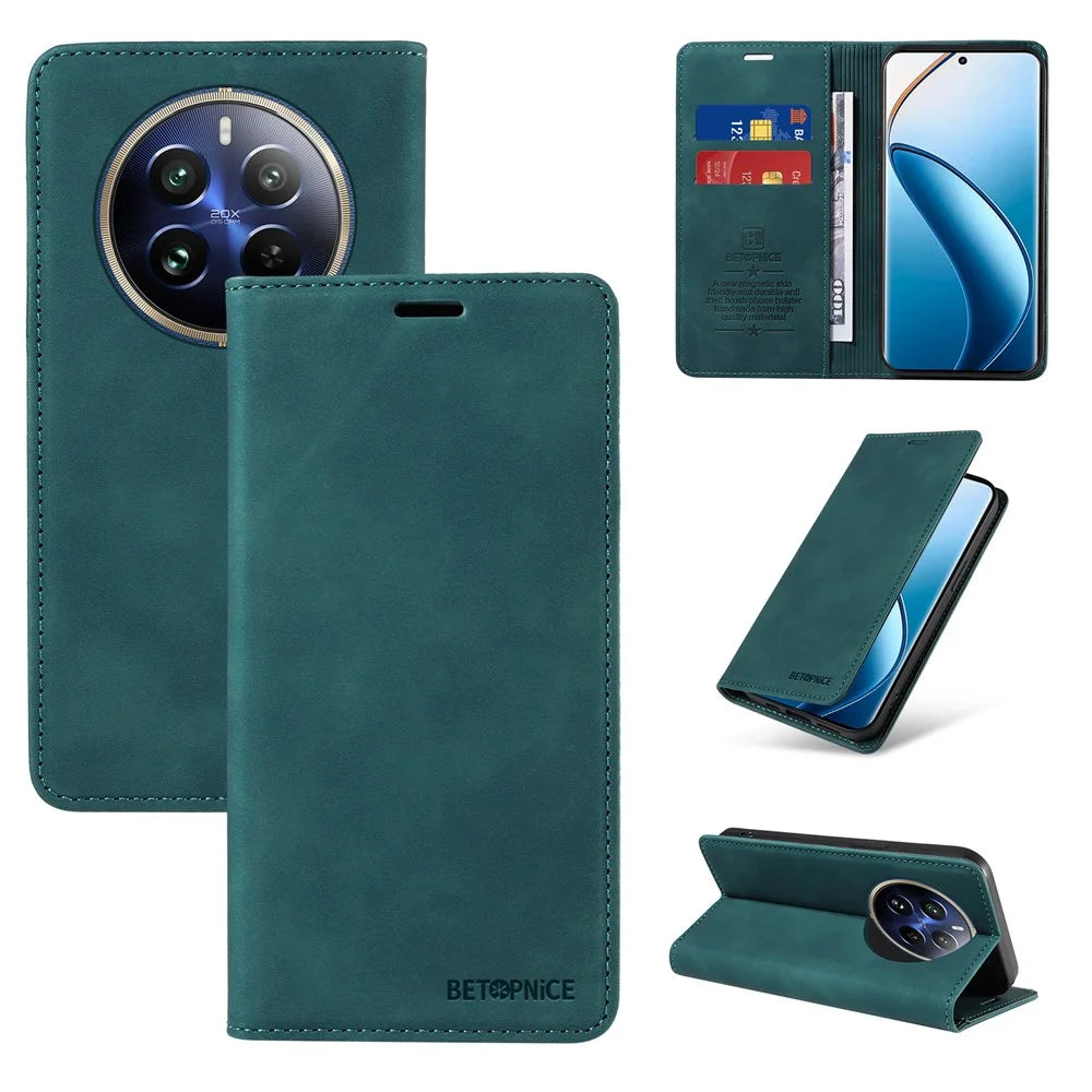 BETOPNICE 003 For Realme 12 Pro+ 5G / 12 Pro 5G Case PU+TPU Phone Protective Cover RFID Blocking Wallet - Green - 7