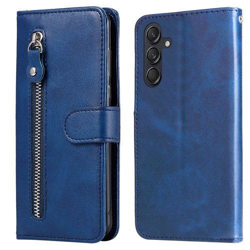 For Samsung Galaxy M55 5G / C55 5G / F55 5G Case Calf Texture Zipper Pocket Wallet Mobile Phone Cover - Blue - 1