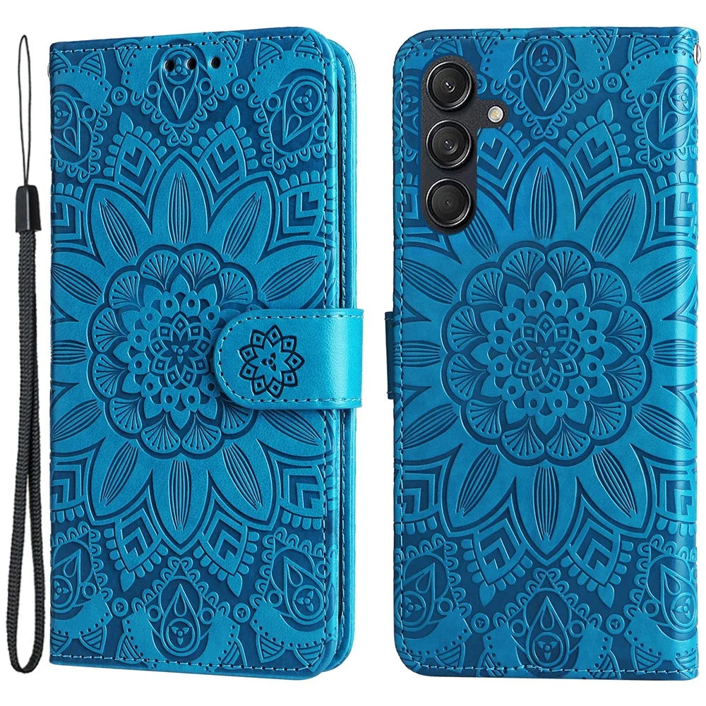 For Samsung Galaxy M55 5G / C55 5G / F55 5G Leather Case Wallet Stand Sunflower Phone Cover - Blue - 1