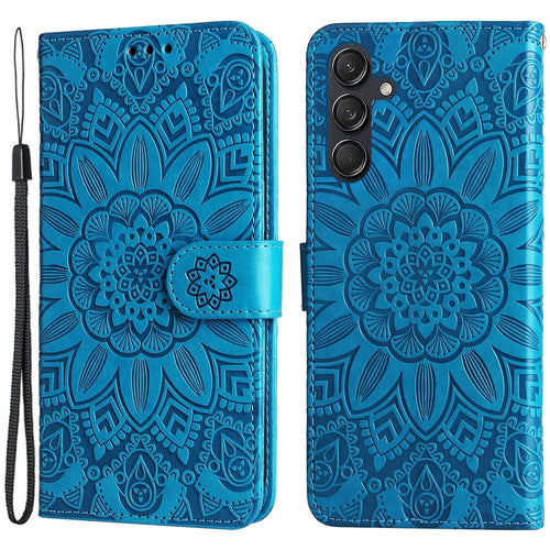 For Samsung Galaxy M55 5G / C55 5G / F55 5G Leather Case Wallet Stand Sunflower Phone Cover - Blue - 1