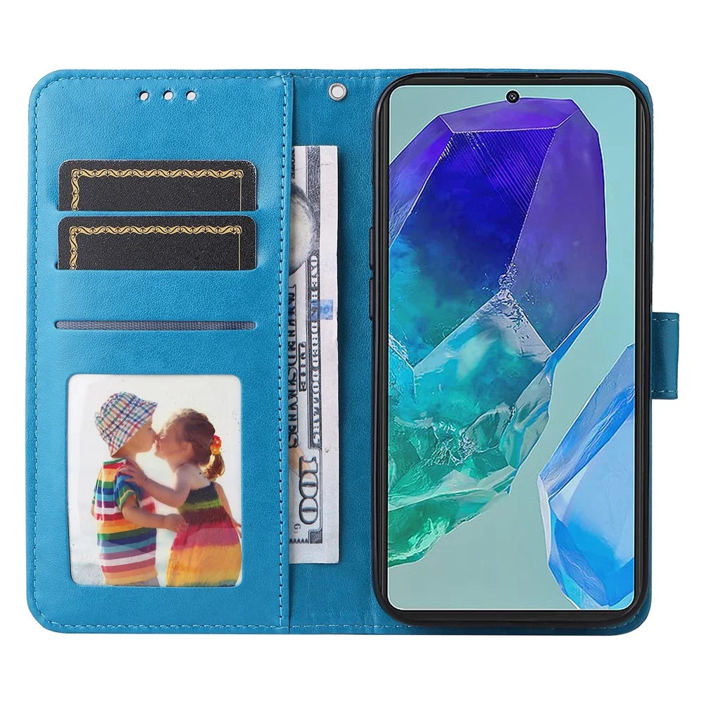 For Samsung Galaxy M55 5G / C55 5G / F55 5G Leather Case Wallet Stand Sunflower Phone Cover - Blue - 2