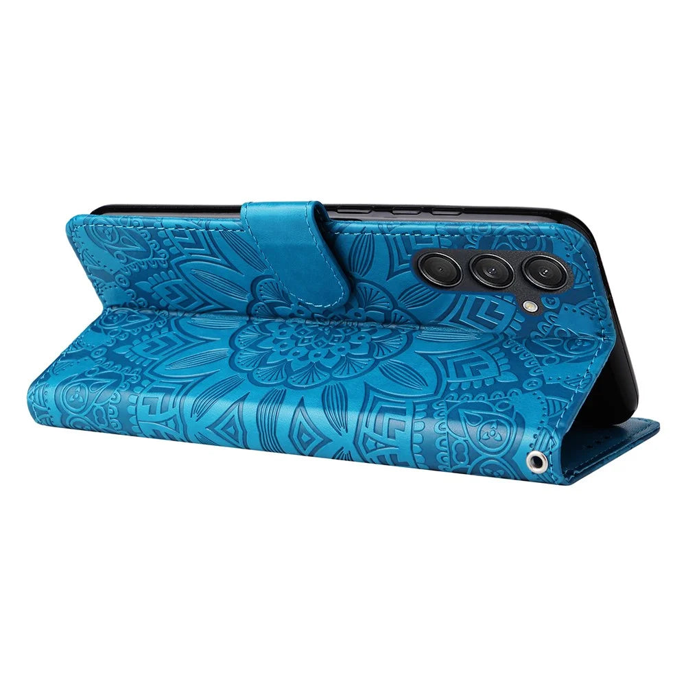 For Samsung Galaxy M55 5G / C55 5G / F55 5G Leather Case Wallet Stand Sunflower Phone Cover - Blue - 3