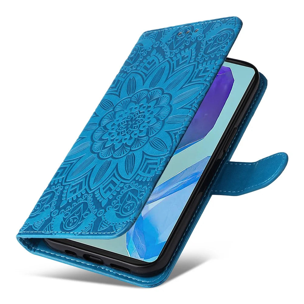 For Samsung Galaxy M55 5G / C55 5G / F55 5G Leather Case Wallet Stand Sunflower Phone Cover - Blue - 5