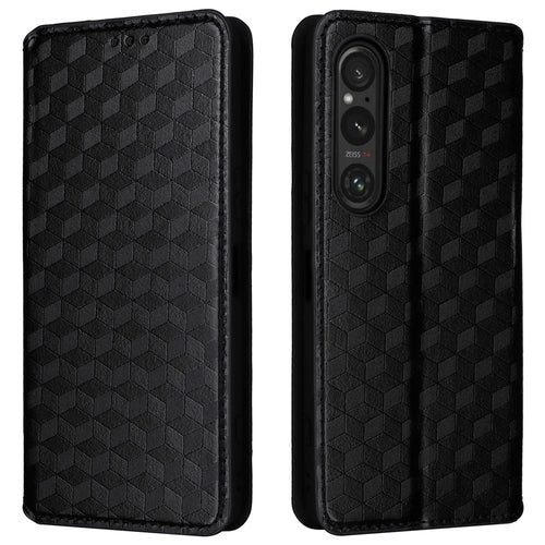 For Sony Xperia 1 VI Case Rhombus Pattern Magnetic Closing Leather Wallet Phone Cover - Black - 1