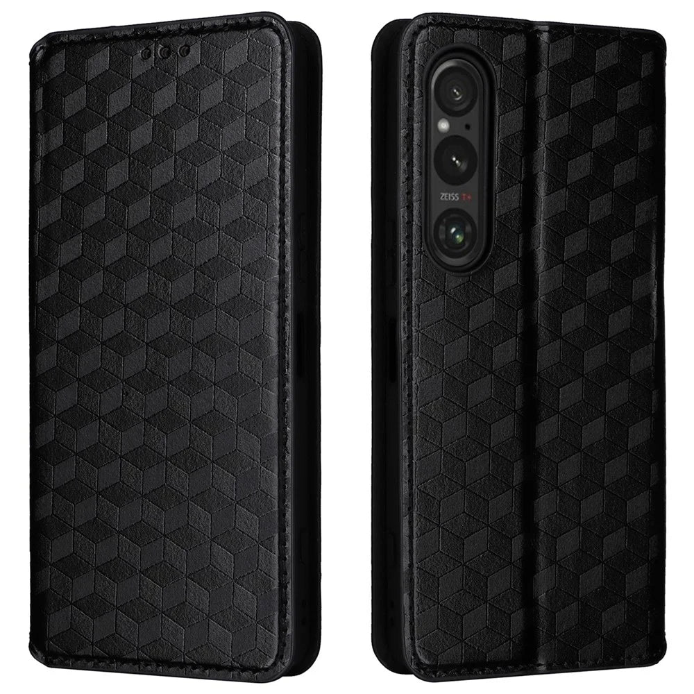 For Sony Xperia 1 VI Case Rhombus Pattern Magnetic Closing Leather Wallet Phone Cover - Black - 1