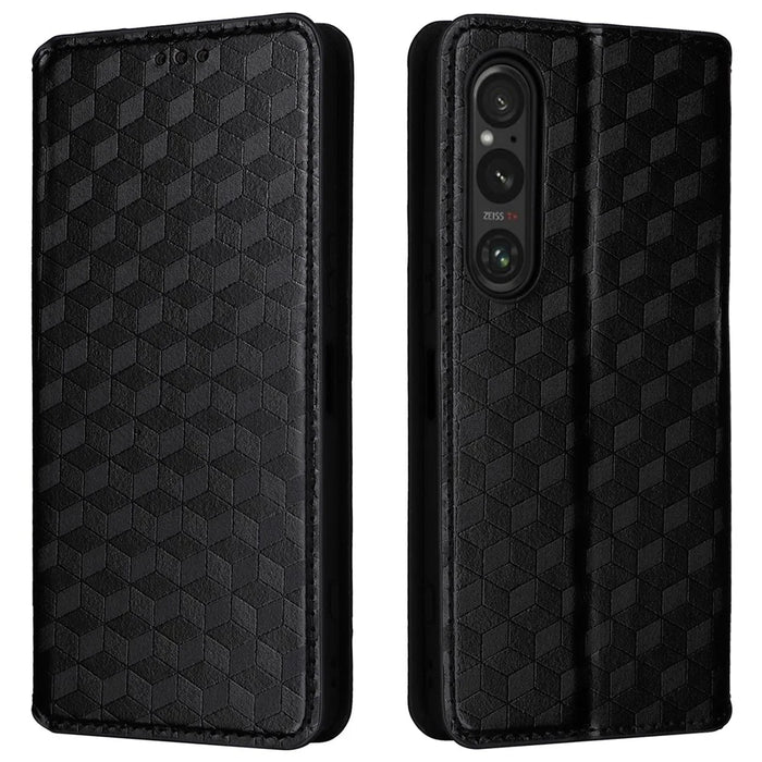 For Sony Xperia 1 VI Case Rhombus Pattern Magnetic Closing Leather Wallet Phone Cover - Black - 1