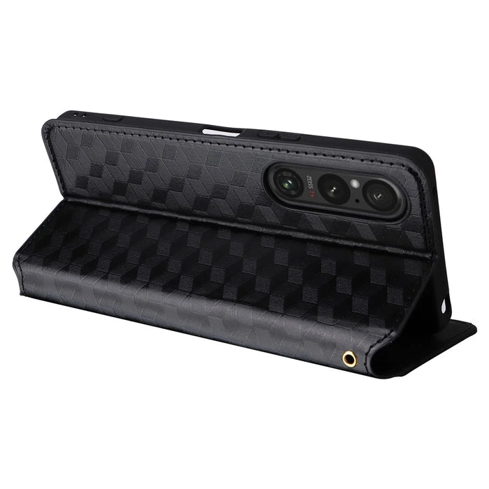For Sony Xperia 1 VI Case Rhombus Pattern Magnetic Closing Leather Wallet Phone Cover - Black - 4