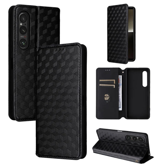 For Sony Xperia 1 VI Case Rhombus Pattern Magnetic Closing Leather Wallet Phone Cover - Black - 5
