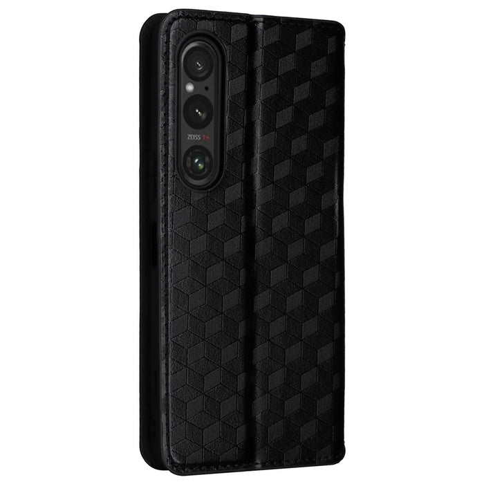 For Sony Xperia 1 VI Case Rhombus Pattern Magnetic Closing Leather Wallet Phone Cover - Black - 7
