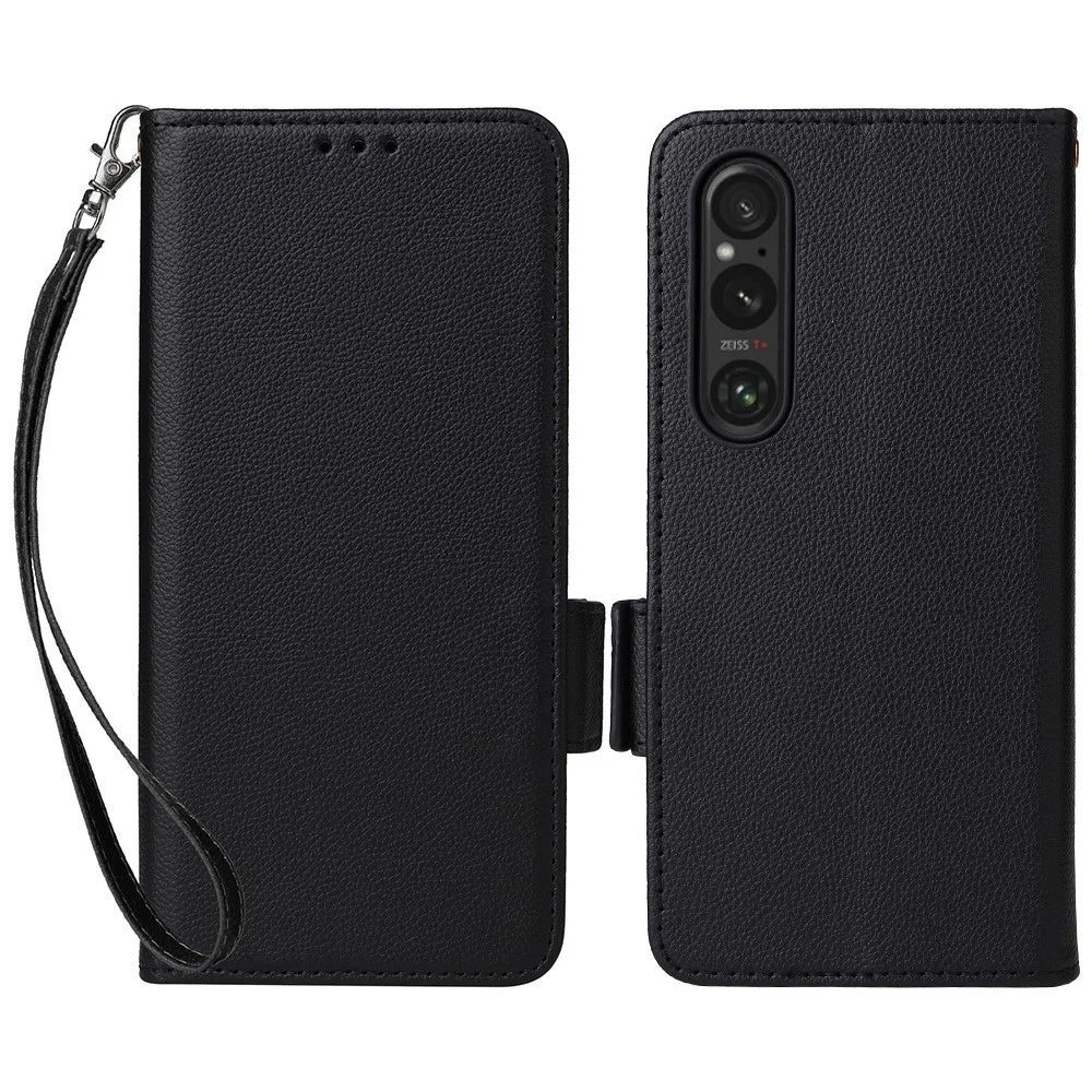 For Sony Xperia 1 VI Case with Wrist Strap Litchi Texture PU Leather Wallet Phone Cover - Black - 1