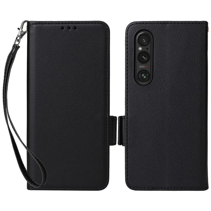 For Sony Xperia 1 VI Case with Wrist Strap Litchi Texture PU Leather Wallet Phone Cover - Black - 1