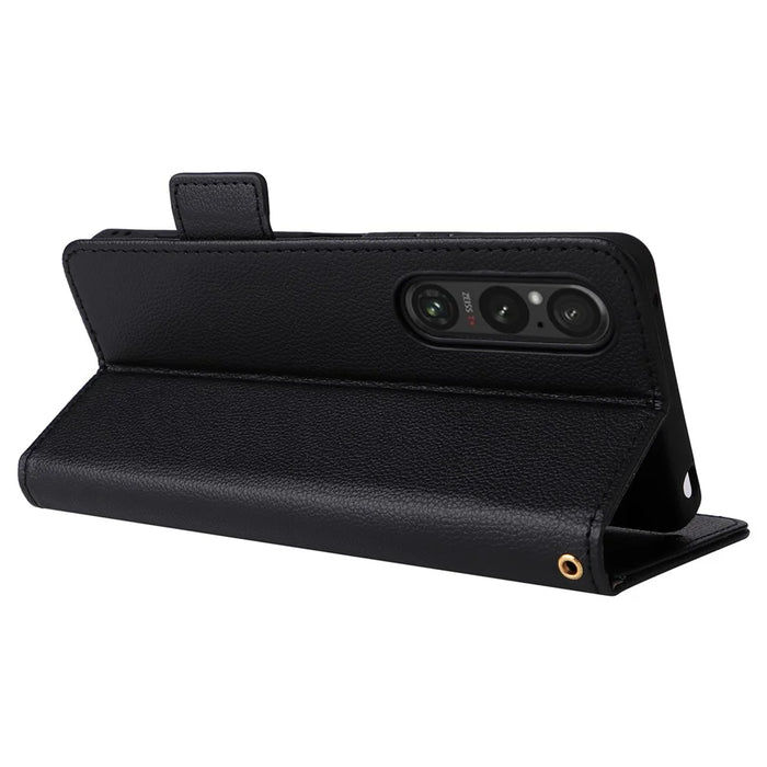 For Sony Xperia 1 VI Case with Wrist Strap Litchi Texture PU Leather Wallet Phone Cover - Black - 4