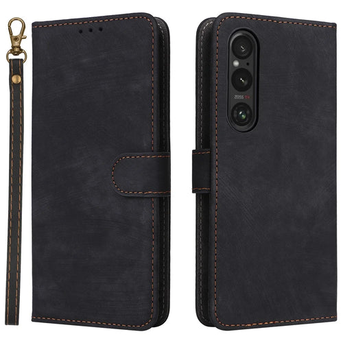 For Sony Xperia 1 VI Leather Case RFID Blocking Wallet Cover with Wrist Strap - Black - 1