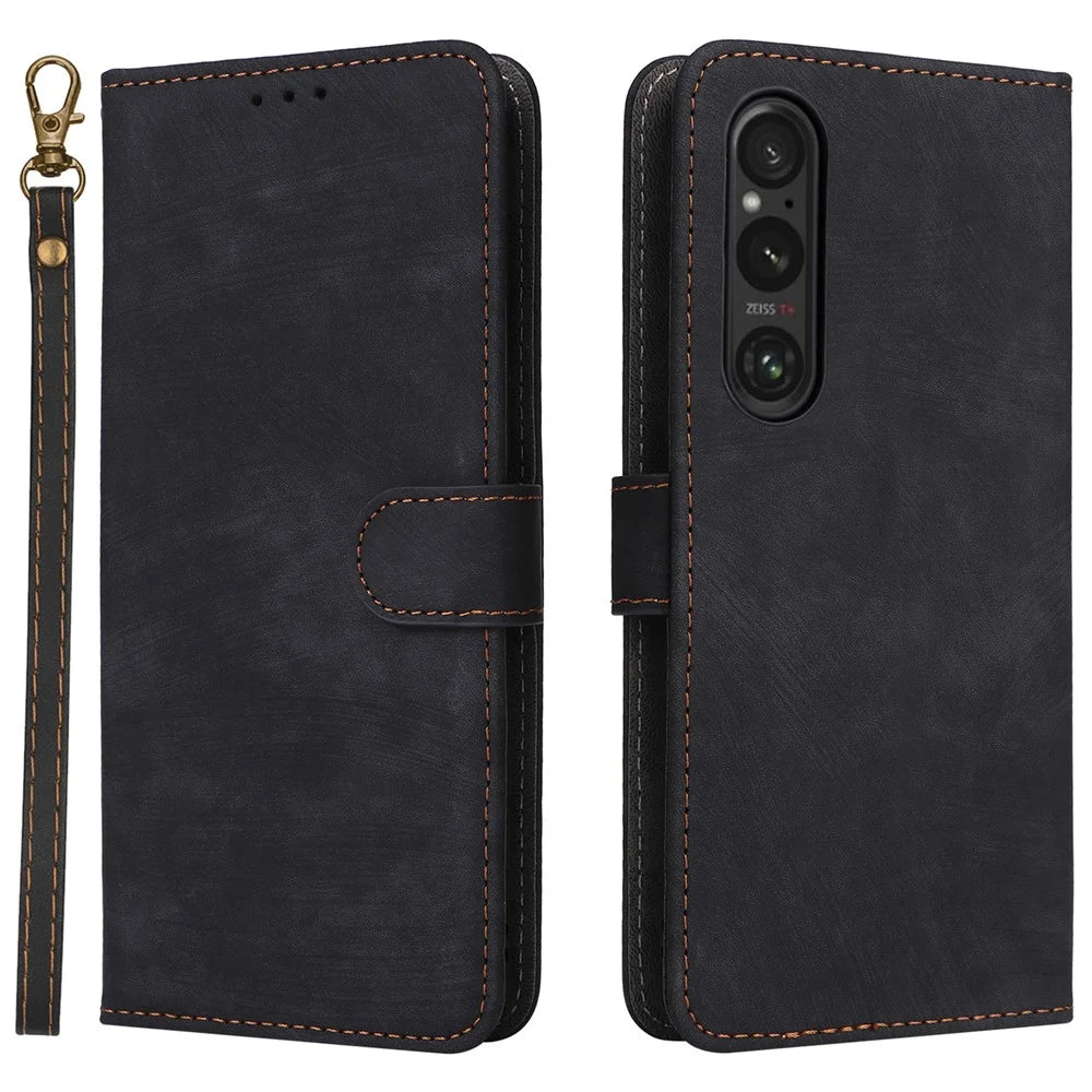For Sony Xperia 1 VI Leather Case RFID Blocking Wallet Cover with Wrist Strap - Black - 1