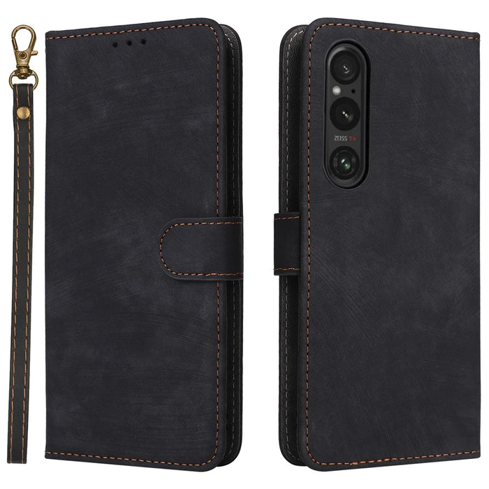 For Sony Xperia 1 VI Leather Case RFID Blocking Wallet Cover with Wrist Strap - Black - 1