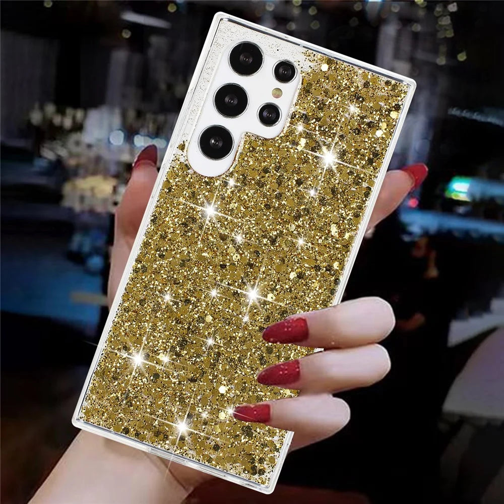 For Samsung Galaxy S23 Ultra Phone Case Anti-scratch Epoxy Glittery TPU Back Cover - Gold - 4